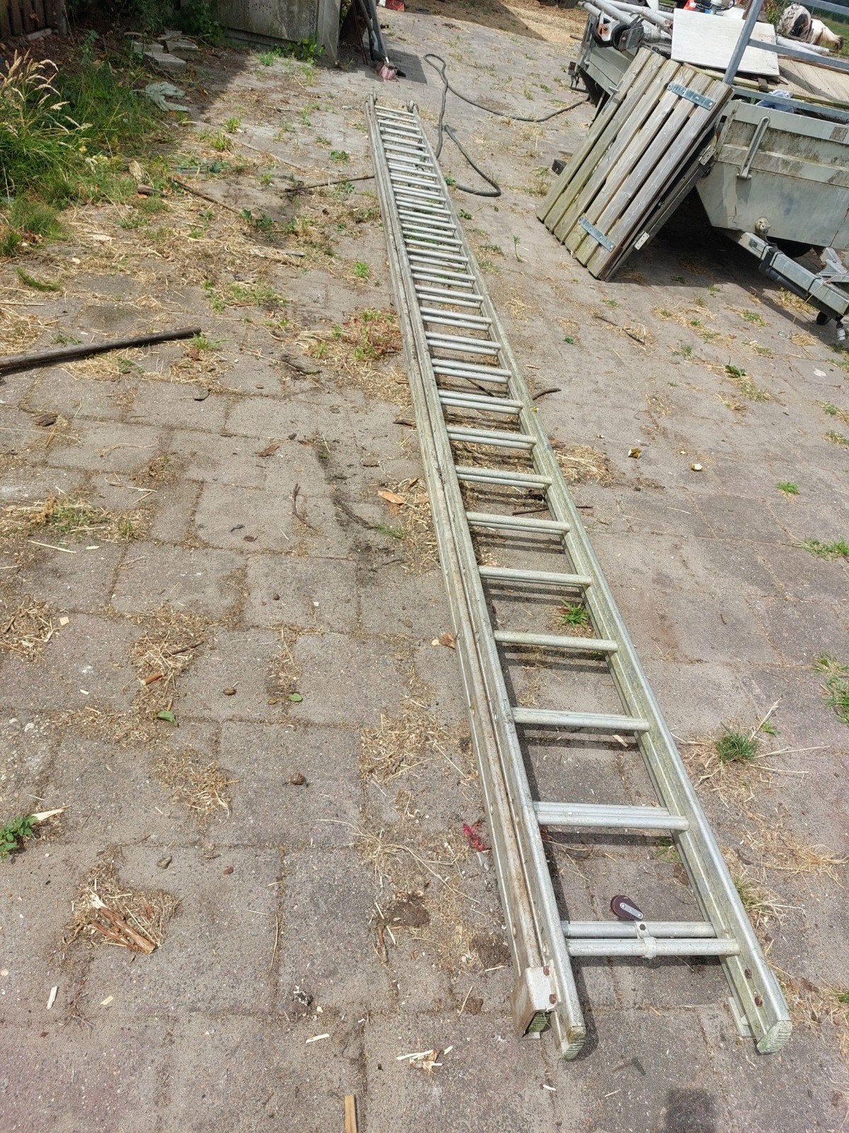 Mega trekladder 2x 7 mtr, Gebruikt, Ophalen of Verzenden, Ladder, Opvouwbaar of Inschuifbaar