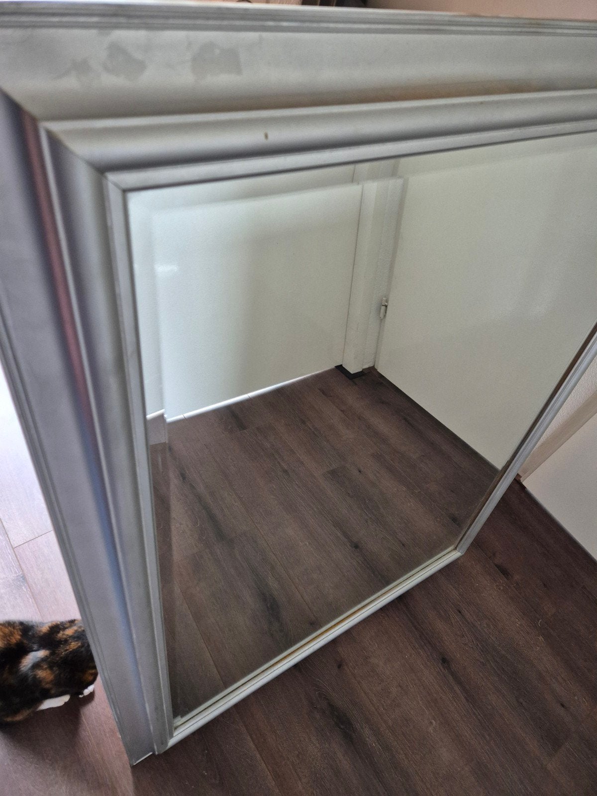 Grote spiegel met zilverkleurige lijst, Ophalen, Gebruikt, 100 tot 150 cm, 75 tot 100 cm