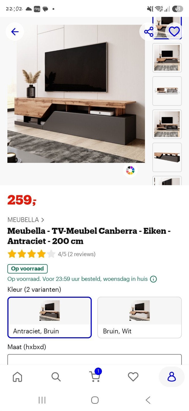 Nieuw in doos TV-meubel Meubella Canberra Eiken Antraciet, Ophalen, 150 tot 200 cm, Nieuw, Overige materialen