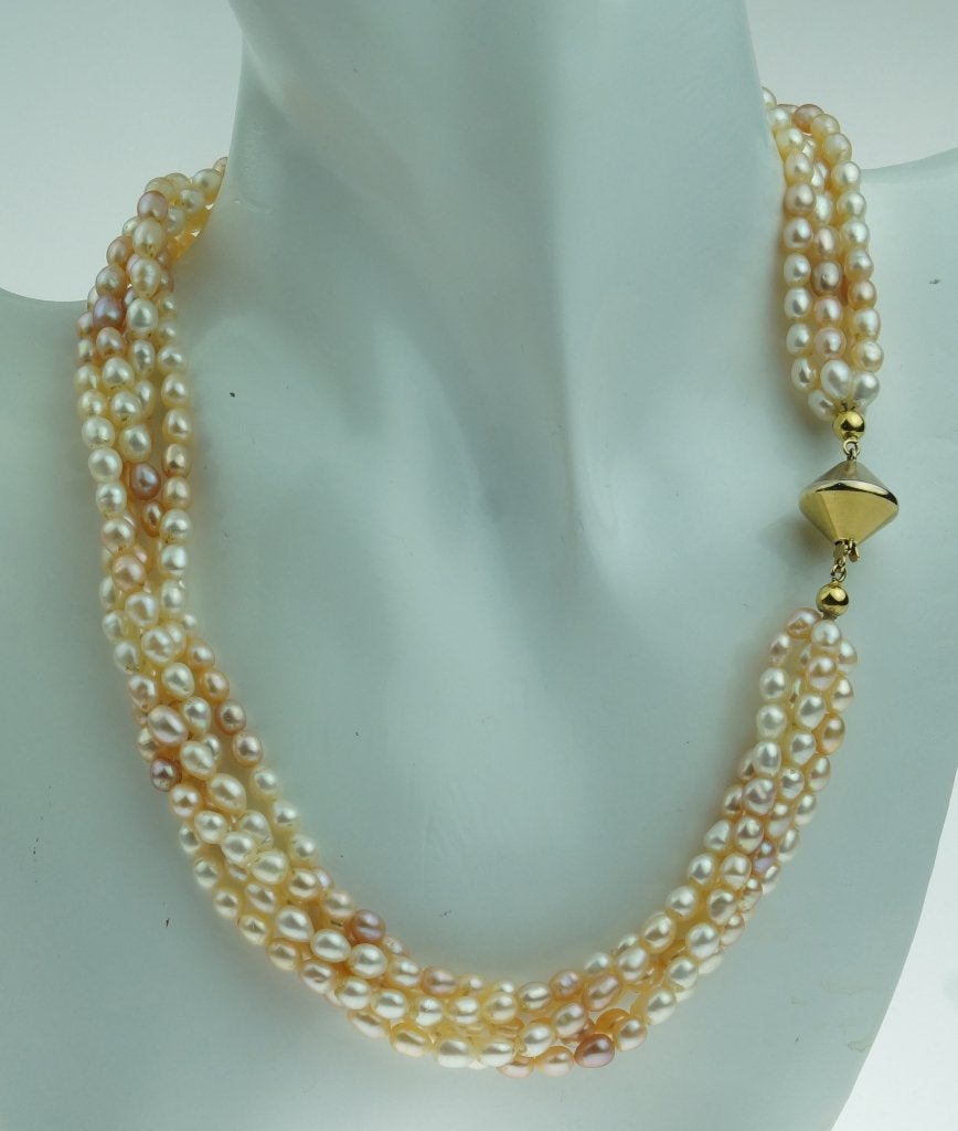 Parel 5-strengs fraaie ketting bicolor 14k slot goud dames, Voordeelsieraden, Ophalen of Verzenden, Zo goed als nieuw, Met edelsteen