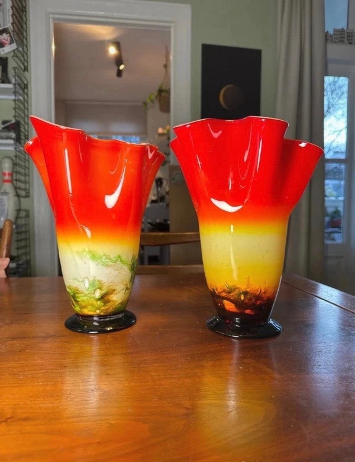 Set van 2 Murano-stijl glazen vazen, rood-geel-groen, Antiek en Kunst, Ophalen of Verzenden