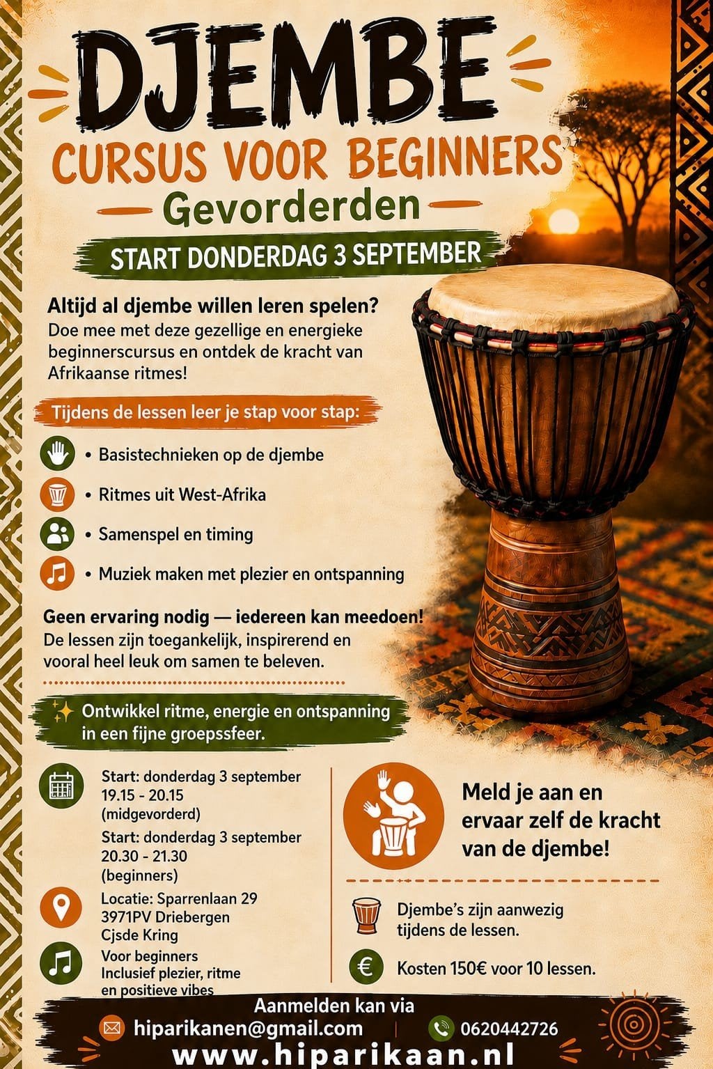 Djembe cursus Driebergen Do avond, Ophalen of Verzenden, Nieuw, Overige typen