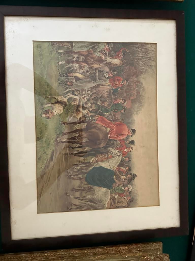 Jachtprent: Jacht te paard met meute in lijst (66x54cm), Ophalen