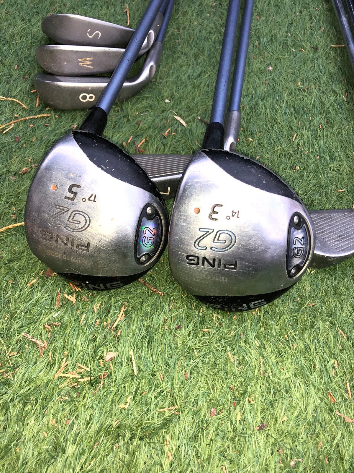 Ping G2 Golfclubs: 3-wood, 5-wood en ijzers (S, W, 8), Ophalen of Verzenden, Gebruikt, Set, Ping