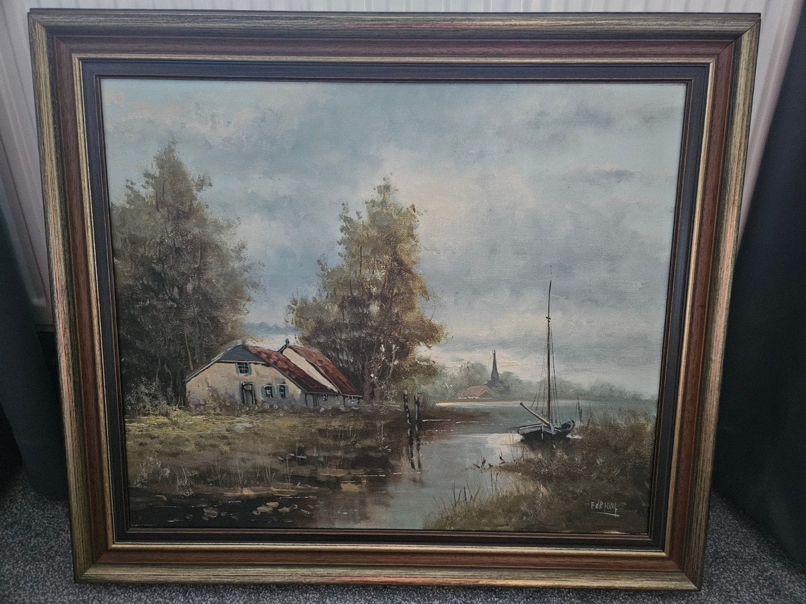 Schilderij F. de Jong - Hollands Landschap met Boerderij, Antiek en Kunst, Kunst | Schilderijen | Klassiek, Ophalen, Doek, Realistisch