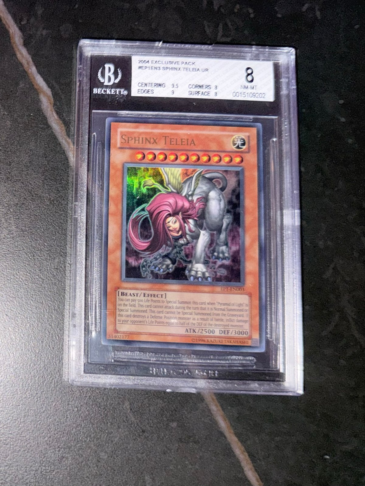 Yu-Gi-Oh! Sphinx Teleia UR EP1EN3 Beckett Graded 8 NM-MT, Verzamelen, Ophalen of Verzenden, Zo goed als nieuw