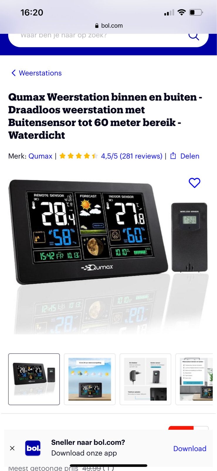 Qumax Weerstation binnen/buiten - Draadloos - Waterdicht, Audio, Tv en Foto, Weerstations en Barometers, Ophalen of Verzenden