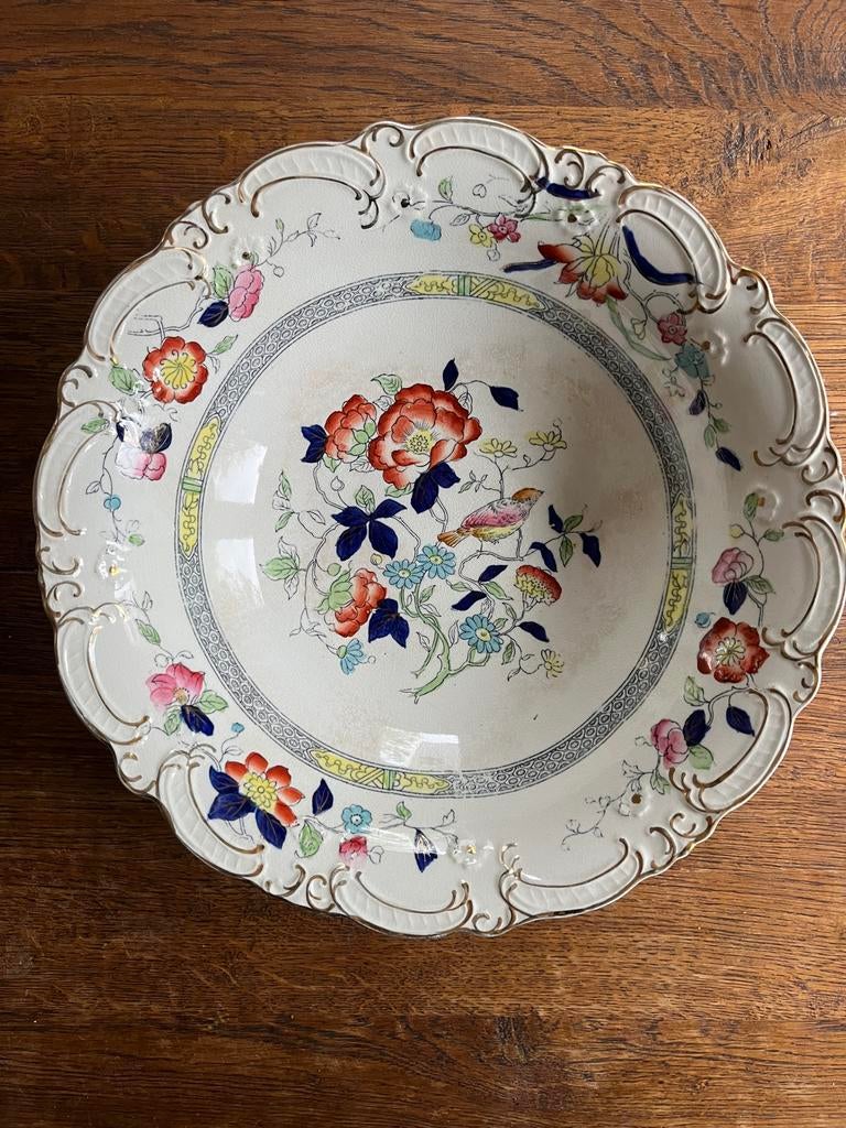 Antieke Handbeschilderde Schaal - 1890 - Bloemen & Vogel, Ophalen