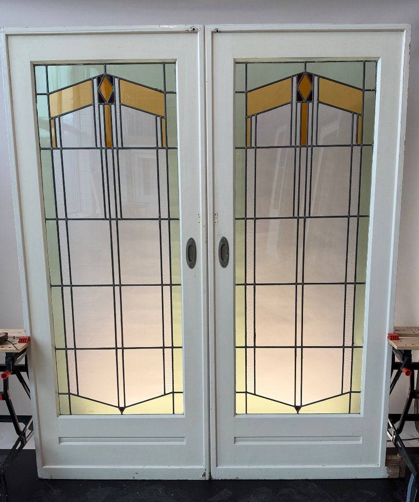 Glas in lood schuifdeuren set ensuite, Ophalen, Gebruikt, 80 tot 100 cm, Binnendeur