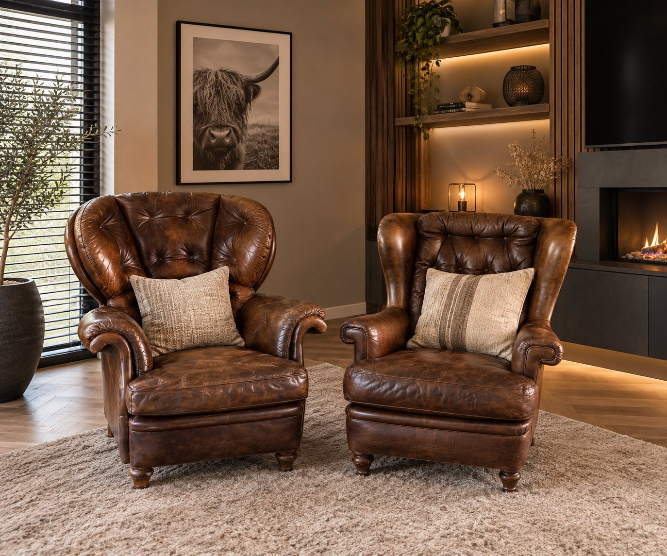 Twee Vintage Leren Fauteuils - Chesterfield Stijl, Huis en Inrichting, Fauteuils, Ophalen, Gebruikt, Leer, 75 tot 100 cm