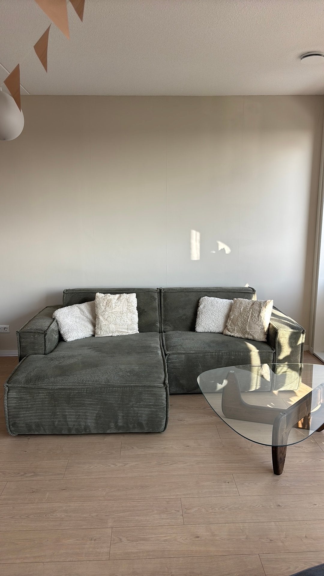 Groene ribstof xooon loungebank, Ophalen, 125 tot 150 cm, Hoekbank, Driepersoons