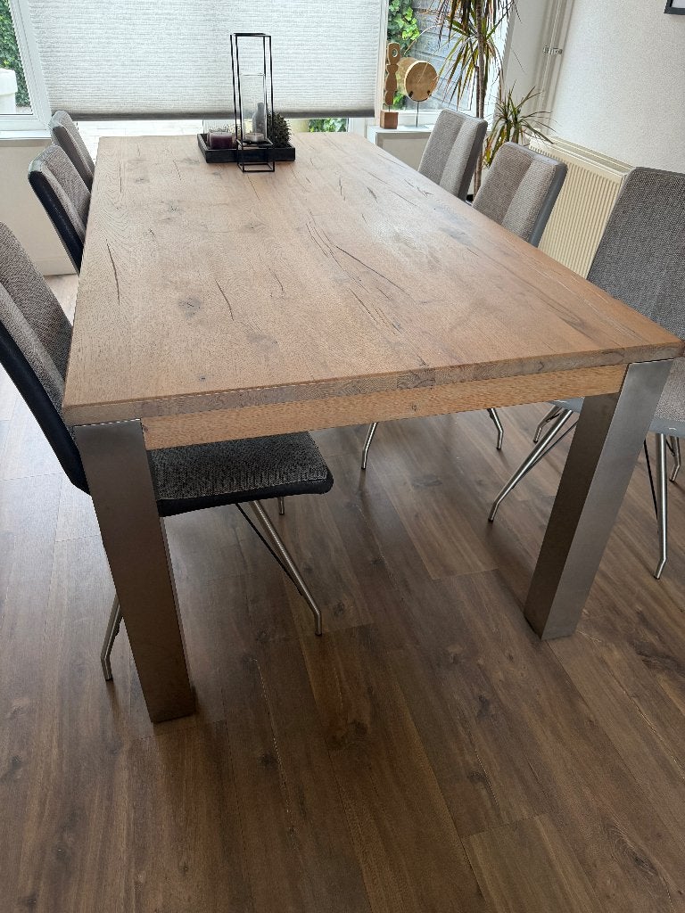 Eettafel eiken rvs 200x100, Ophalen, Gebruikt, 50 tot 100 cm, Vijf personen of meer