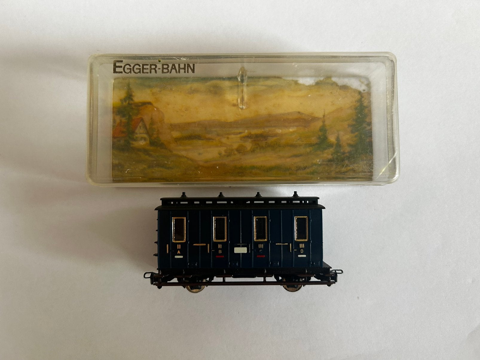 Egger-Bahn H0e - Blauwe 2-assige coupé personenwagon in OVP, Gebruikt, Gelijkstroom, Jouef, Wagon