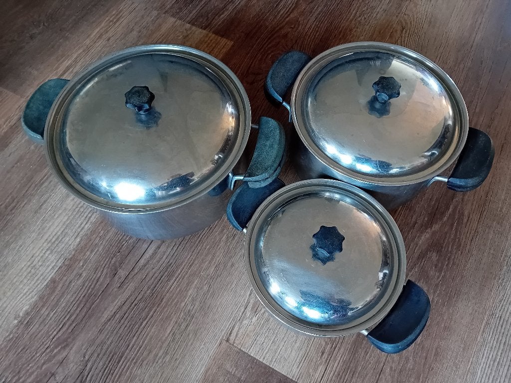 3 oude lagostina thermoplan pannen, Gebruikt, Pannenset, Ophalen of Verzenden, Rvs