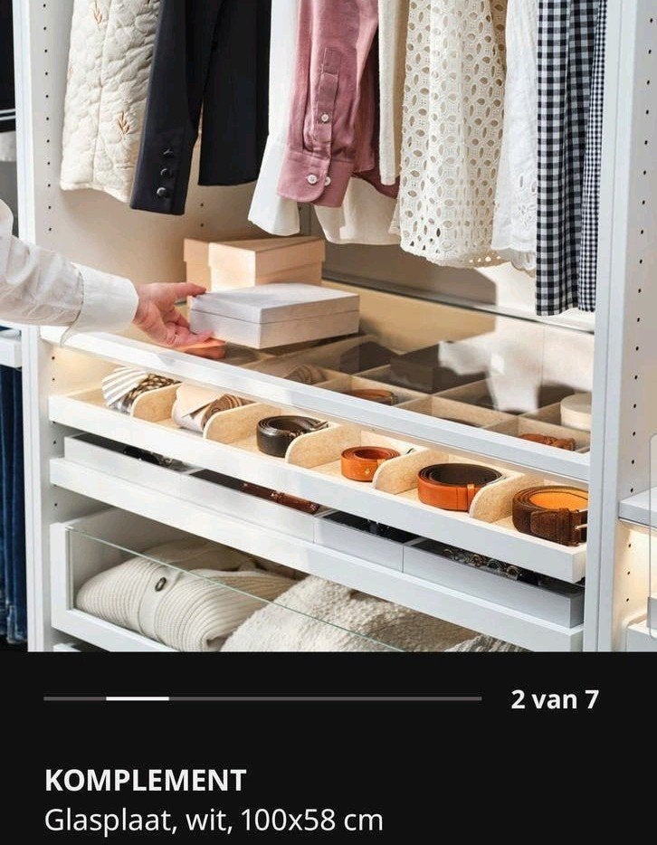 2x Ikea Komplement glasplaat + uittrekbare plank 100x58 cm, Ophalen, 50 tot 100 cm, Zo goed als nieuw, Minder dan 100 cm