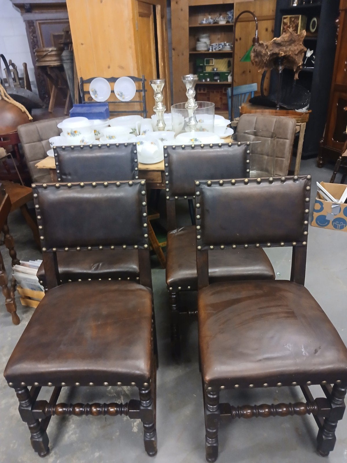 Set van 4 antieke leren eetkamerstoelen, Ophalen