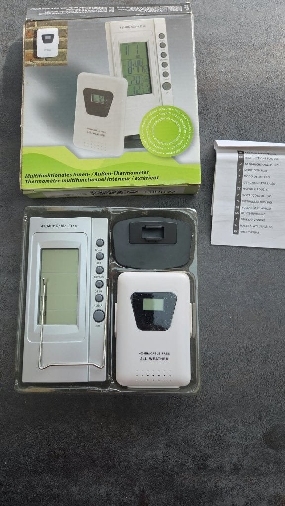 Draadloze binnen-/buitenthermometer 433 MHz compleet in doos, Ophalen of Verzenden, Zo goed als nieuw