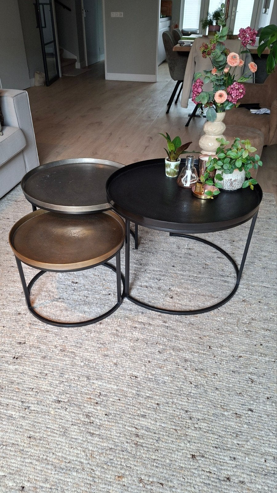 Set van 3 ronde salontafels - Zwart en brons/goud, Huis en Inrichting, Ophalen, Gebruikt, 50 tot 100 cm, Modern, Industrieel