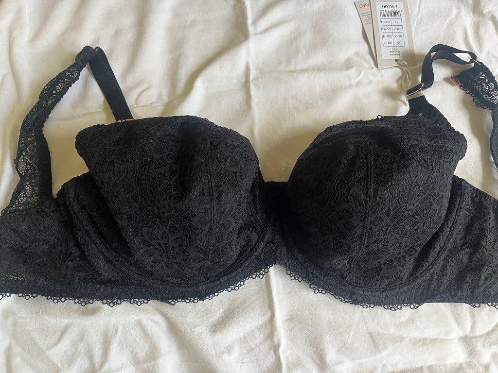 Zwarte beugel BH, maat 65J, met prachtig kanten rugdetail, Bravissimo, Verzenden, Zwart, BH