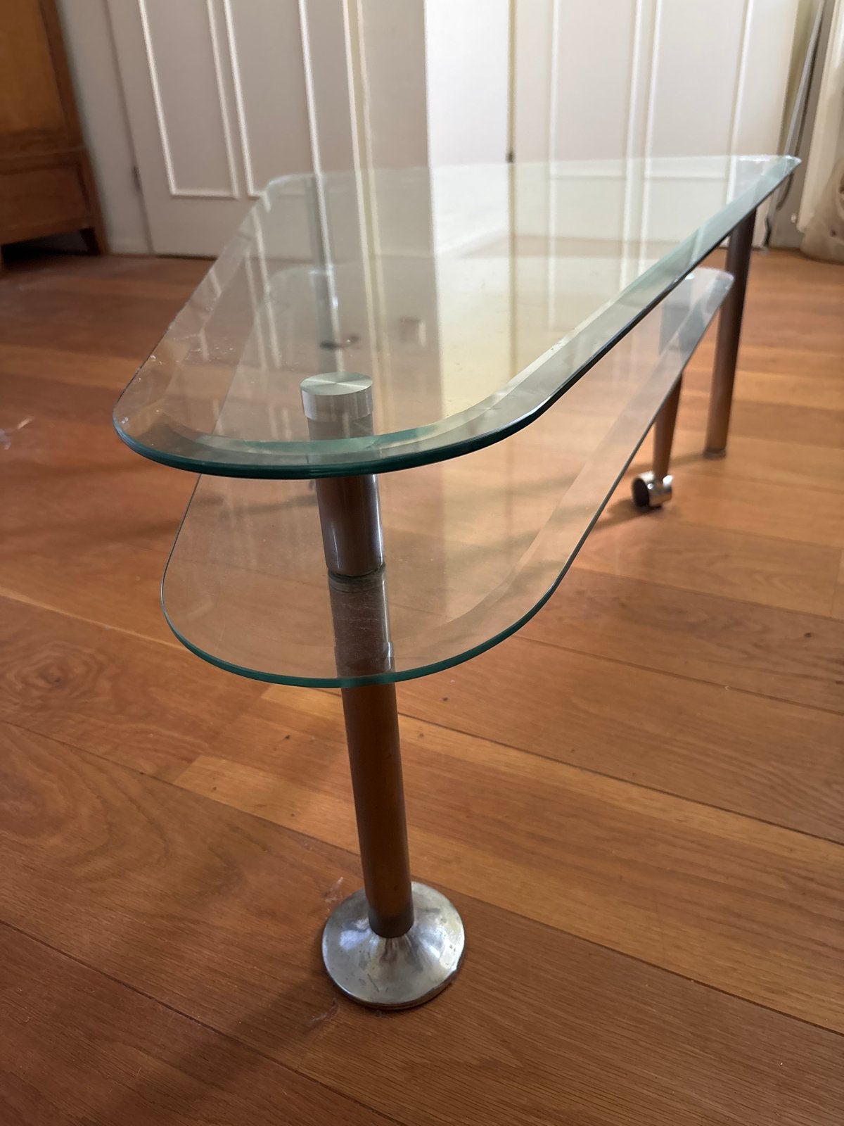 Glazen salontafel met uitschuifbaar deel, Huis en Inrichting, Tafels | Salontafels, Ophalen, Gebruikt, 100 tot 150 cm, 50 tot 100 cm