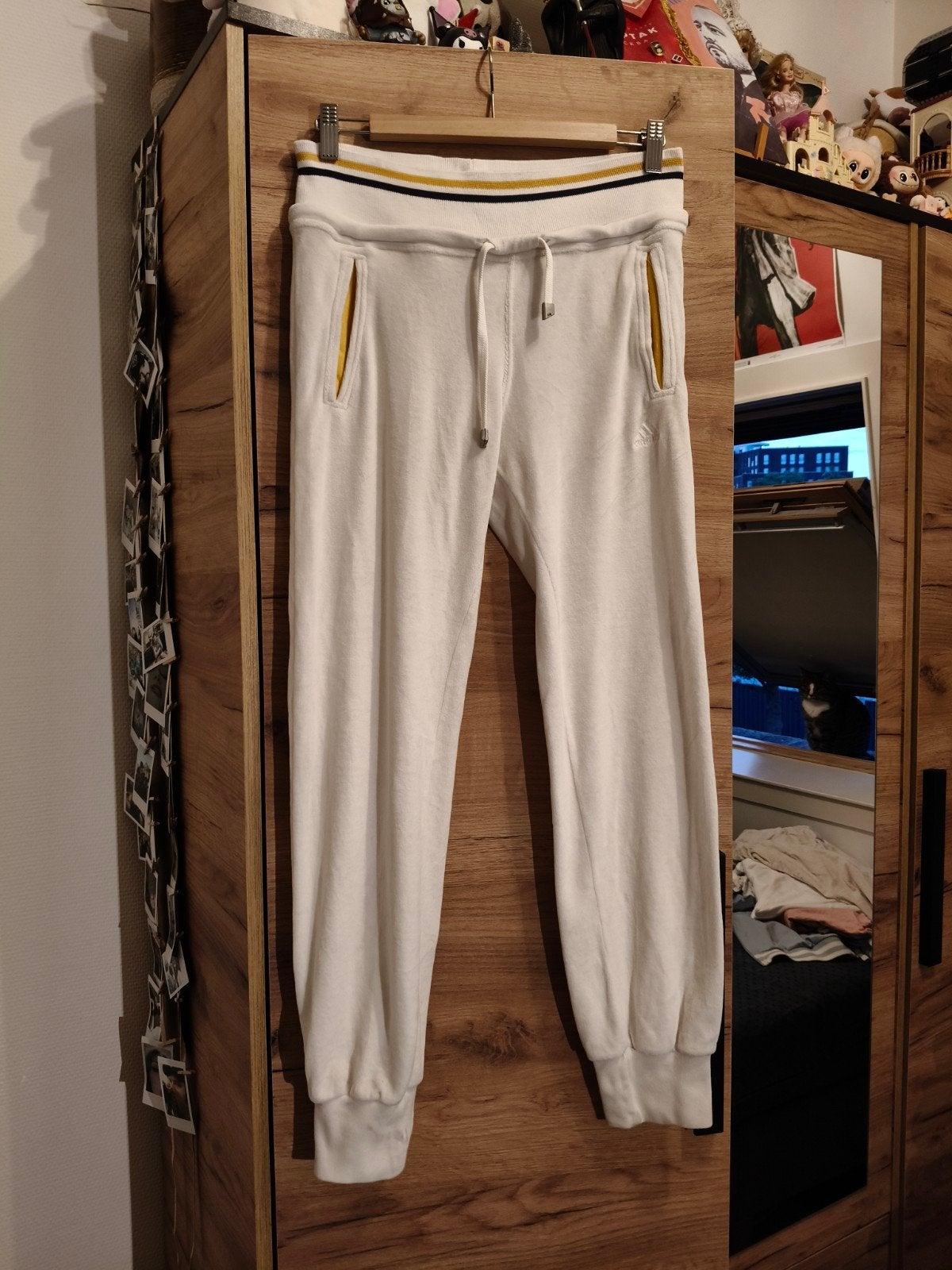 Vintage Adidas Velours Track Pants - Y2K Off-White/Crème, Maat 38/40 (M), Adidas, Wit, Ophalen of Verzenden