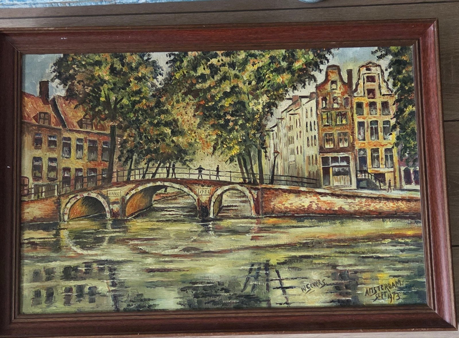 schilderij in bruin houten  lijst, Antiek en Kunst, Kunst | Schilderijen | Klassiek, Ophalen of Verzenden, Ingelijst, Stads- / dorpsgezicht