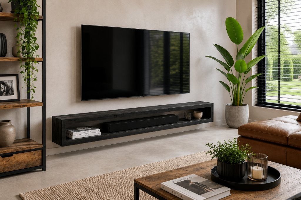 ACTIE Hangend TV-meubel mangohout 160 & 220 cm OP = OP, Huis en Inrichting, Kasten | Televisiemeubels, Ophalen, Nieuw, 200 cm of meer
