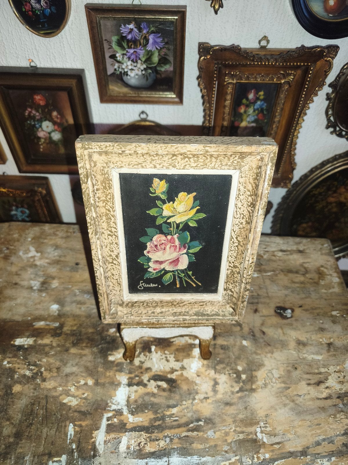 oud schilderijtje schilderij lijst stilleven bloemen S15, Antiek en Kunst, Ophalen of Verzenden