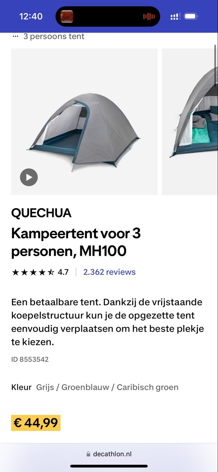 QUECHUA Kampeertent MH100 voor 3 personen (4x gebruikt), Ophalen, Zo goed als nieuw, Tot en met 3