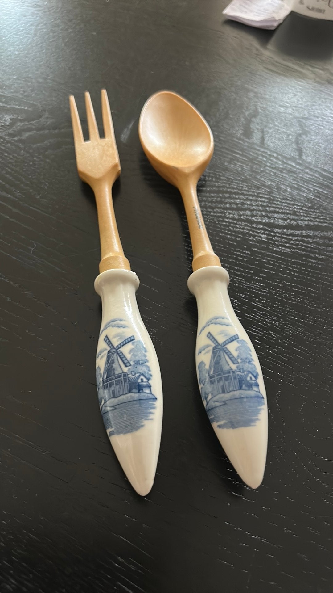 Sla couvert van keramiek en hout, Antiek en Kunst, Ophalen of Verzenden