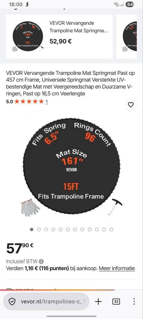 VEVOR Trampoline Springmat 457 cm Frame, UV-bestendig, Ophalen of Verzenden, Nieuw