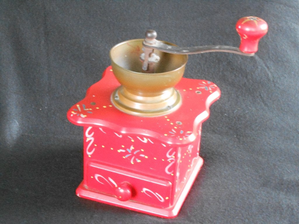 Antieke koffiemolen rood, beschilderd, Ophalen