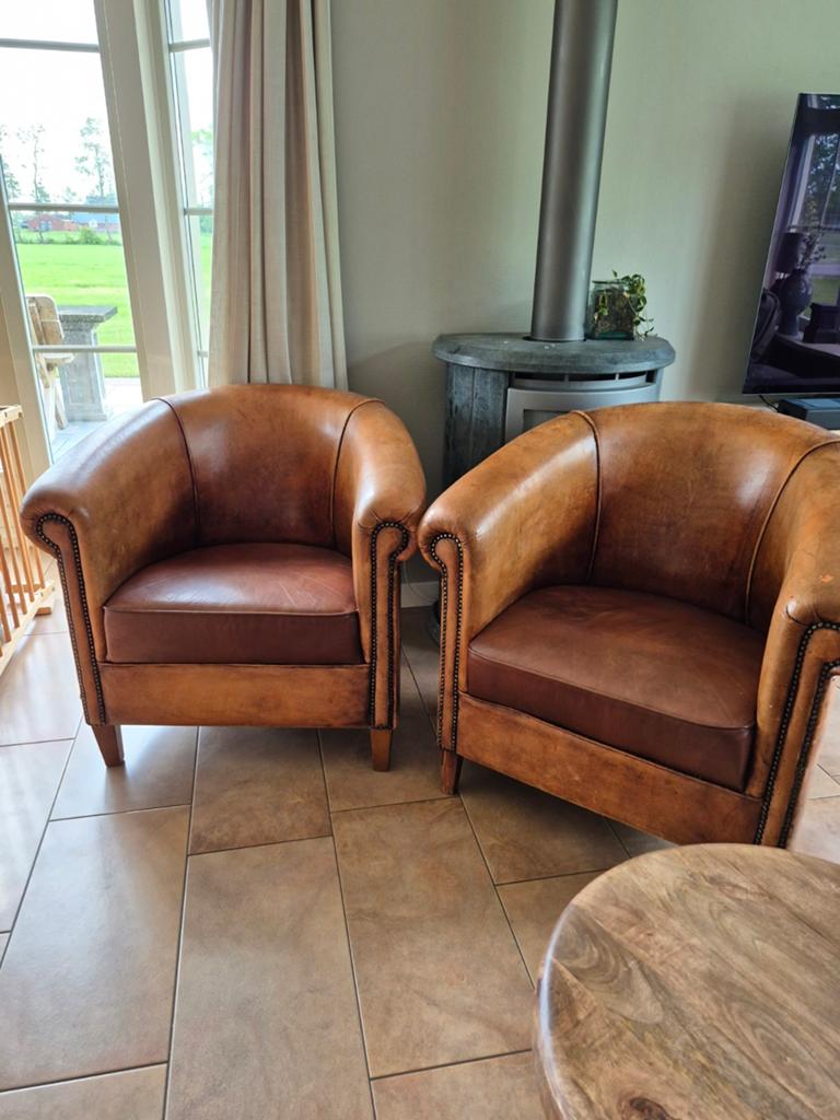 Schapenleren fauteuil, Ophalen, Gebruikt, 50 tot 75 cm, Leer