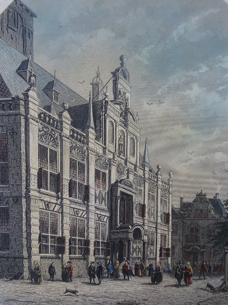 Staalgravure kleur stadhuis Delft J.H. Renneveld 1868, Antiek en Kunst, 1800 - 1899, Verzenden, Stadsgezicht, Gravure