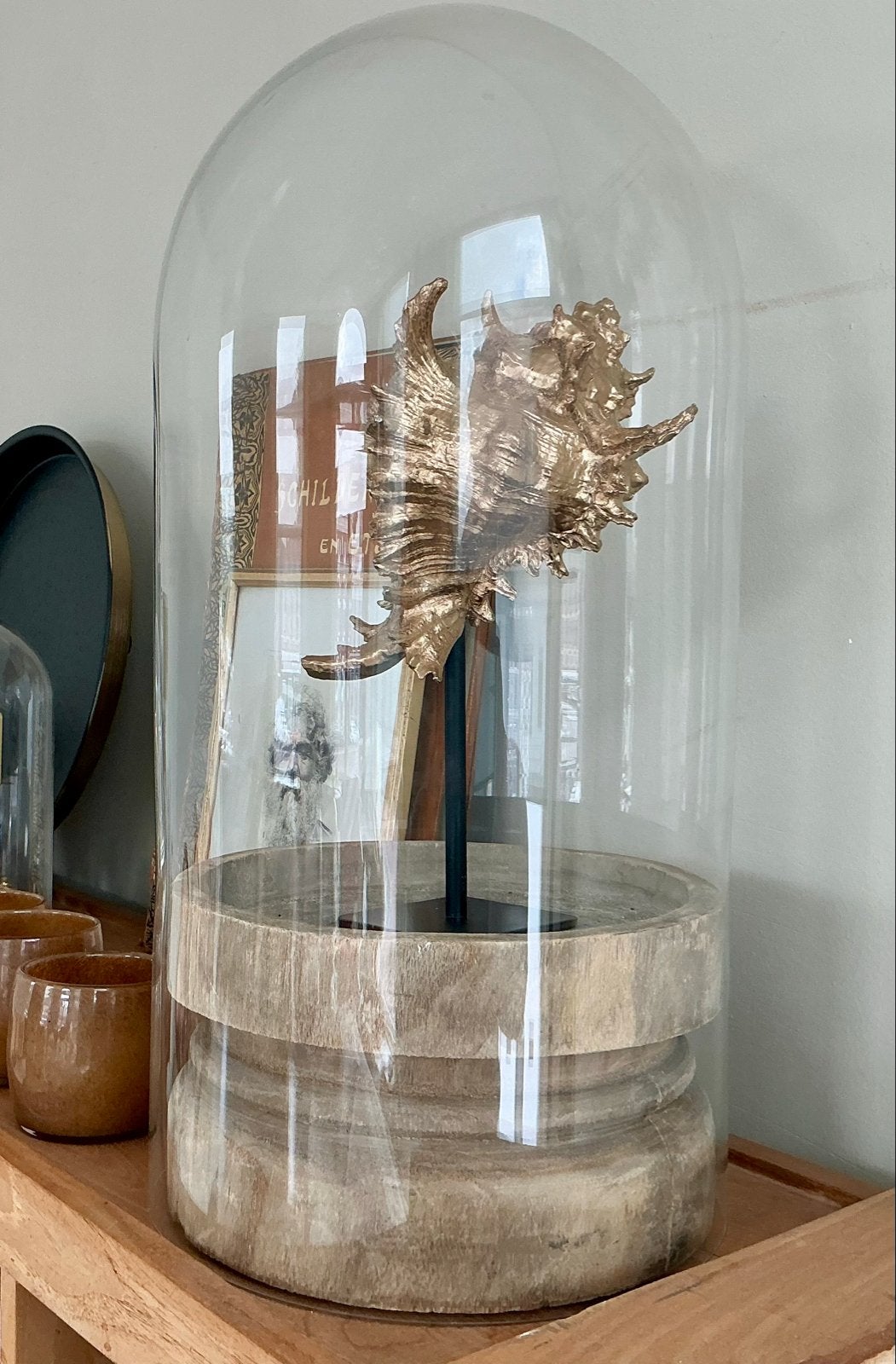 XXL Grote Stolp van Glas met houten sokkel, Glas, Ophalen, Gebruikt, Inclusief decoratie