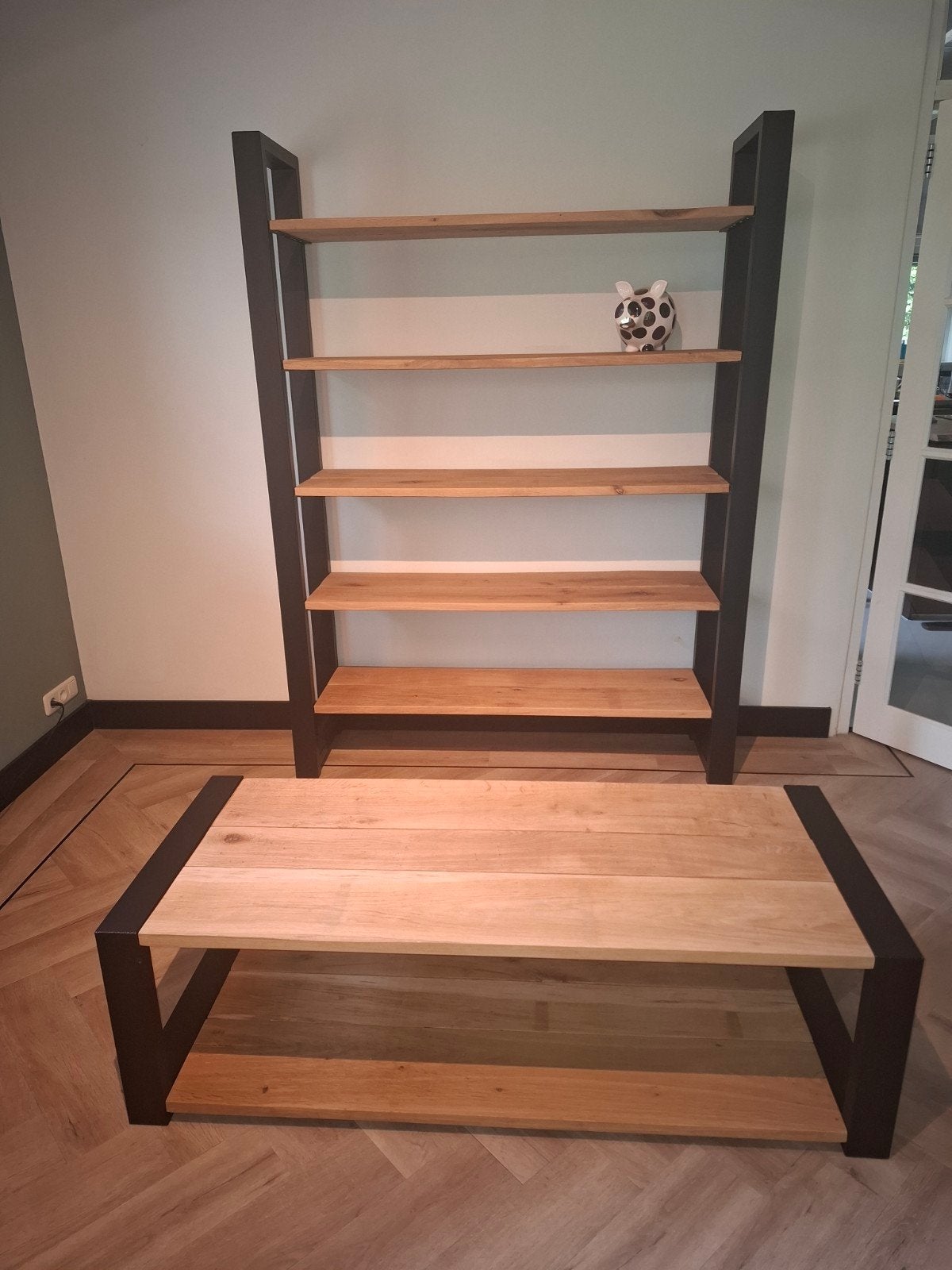 Industriële boekenkast & salontafel – massief eiken, Ophalen, 100 tot 150 cm, Nieuw, 50 tot 100 cm