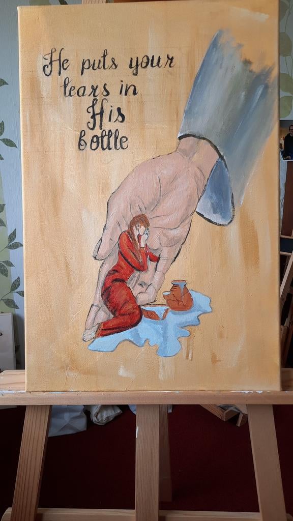 Schilderij huilende vrouw in hand, Antiek en Kunst, Ophalen