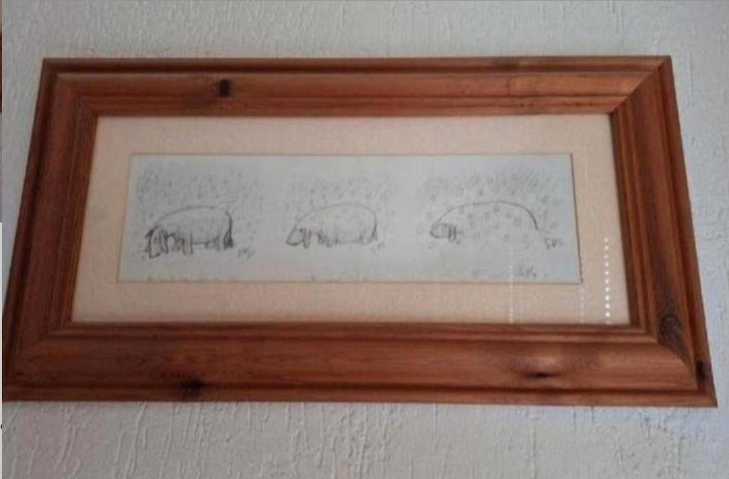 Grenen lijst met potloodtekening Igor. Winnie de Poeh, Antiek en Kunst, Ophalen of Verzenden