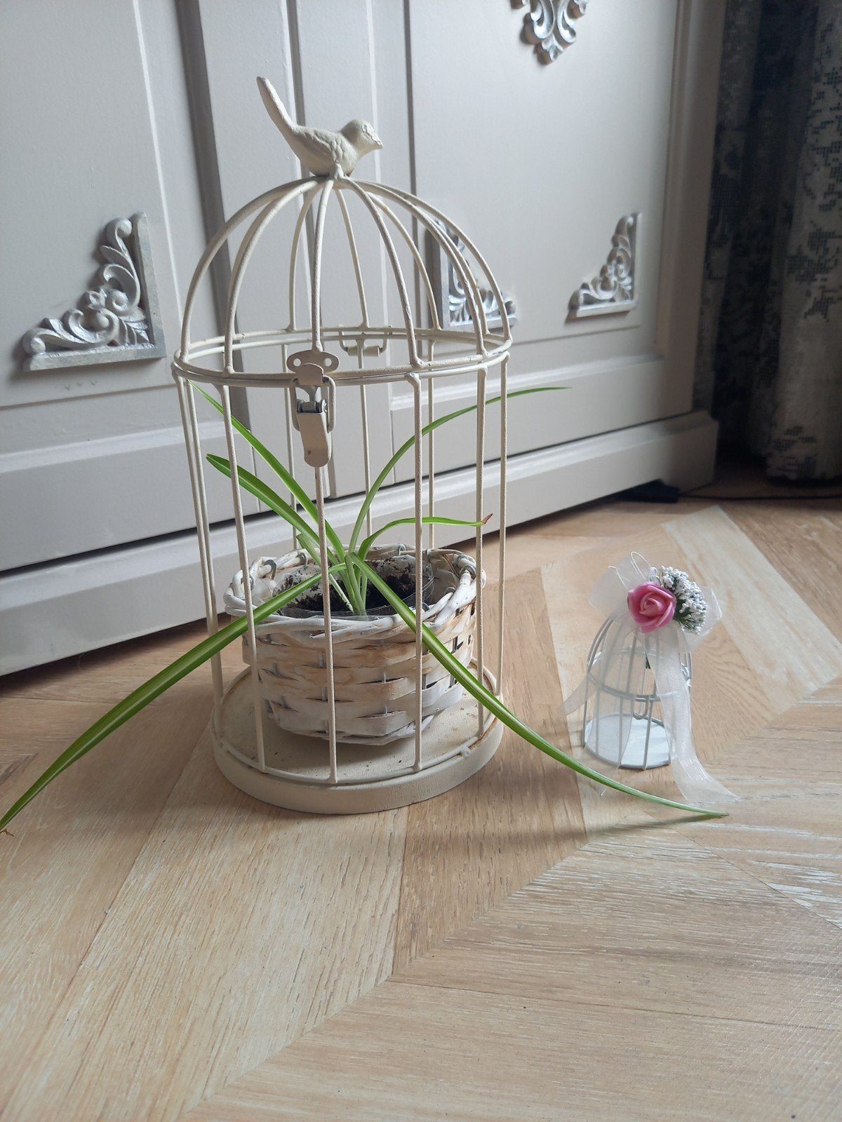 Brocante witte vogelkooi met plant en waxinelichtje, Ophalen of Verzenden