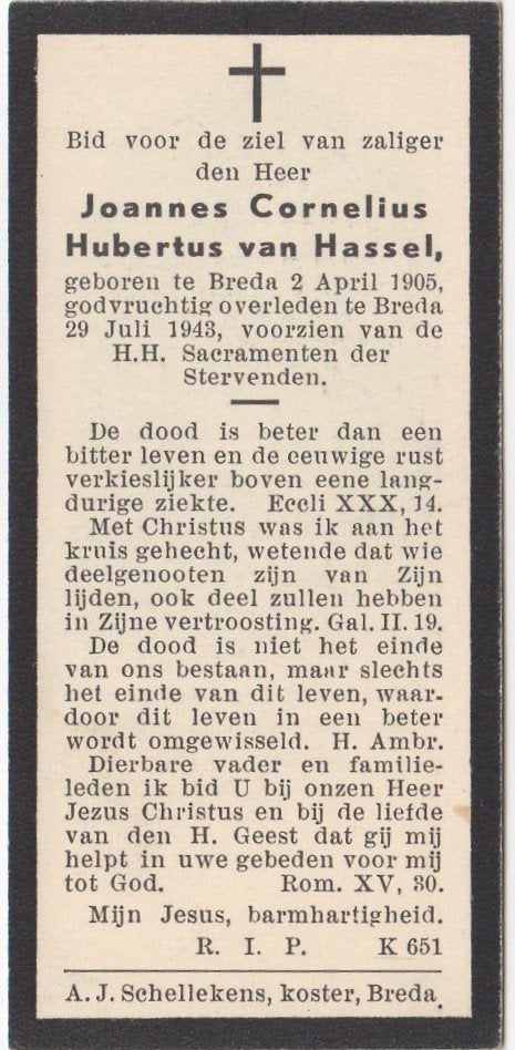 Joannes C.H. van Hassel 1905 Breda + 1943 Breda, 38 jaar oud, Verzenden