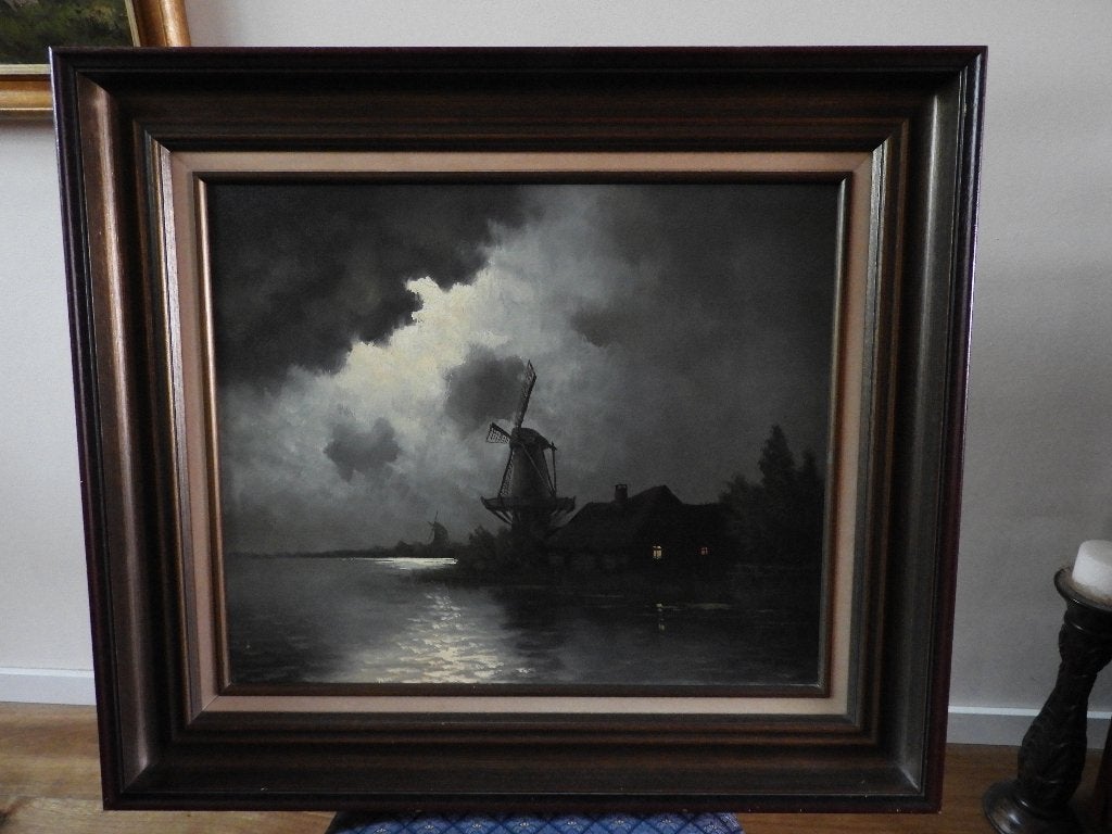 Nachtelijk landschap met molens - Gesigneerd - Dick Groen, Ophalen, Doek, Landschap, Olieverf