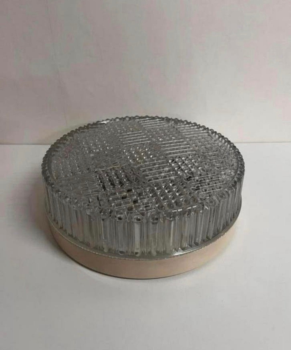 Vintage Mid Century plafondlamp helder glas geblokt patroon, Huis en Inrichting, Zo goed als nieuw, Glas, 29 cm, E27 (groot)