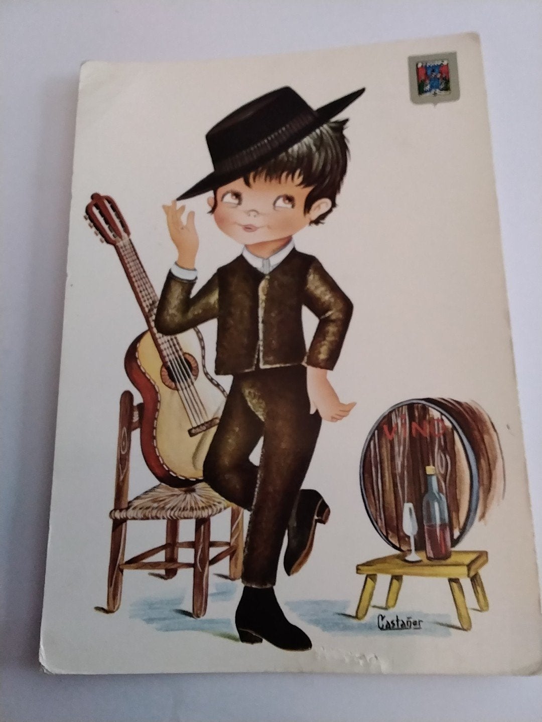 Vintage Spaanse Ansichtkaart - Jongen met Gitaar en Wijnvat, Ophalen of Verzenden, 1960 tot 1980, Gelopen
