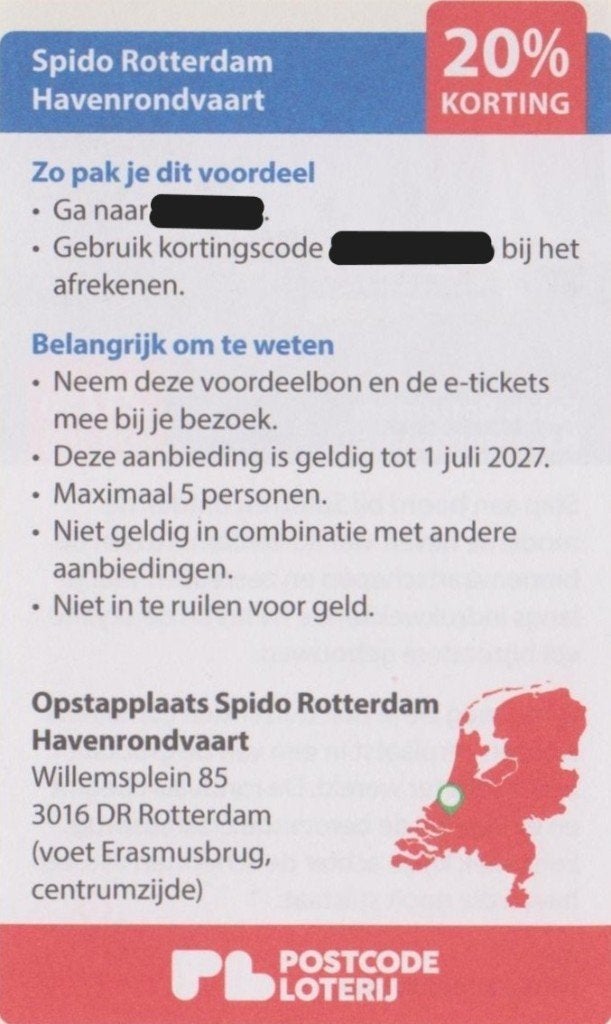 Spido Rotterdam. Havenrondvaart. 20% korting. Postcode bon., Drie personen of meer, Kortingsbon