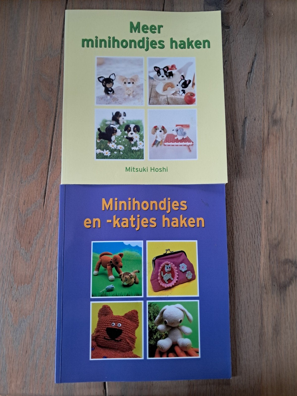 2 boeken: Minihondjes en -katjes haken, Breien en Haken, Mitsuki Hoshi, Ophalen of Verzenden, Zo goed als nieuw