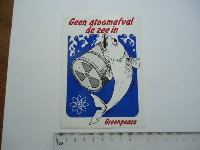 sticker oud Greenpeace vissen milieu atoom protest retro, Verzamelen, Verzenden, Zo goed als nieuw, Bedrijf of Vereniging