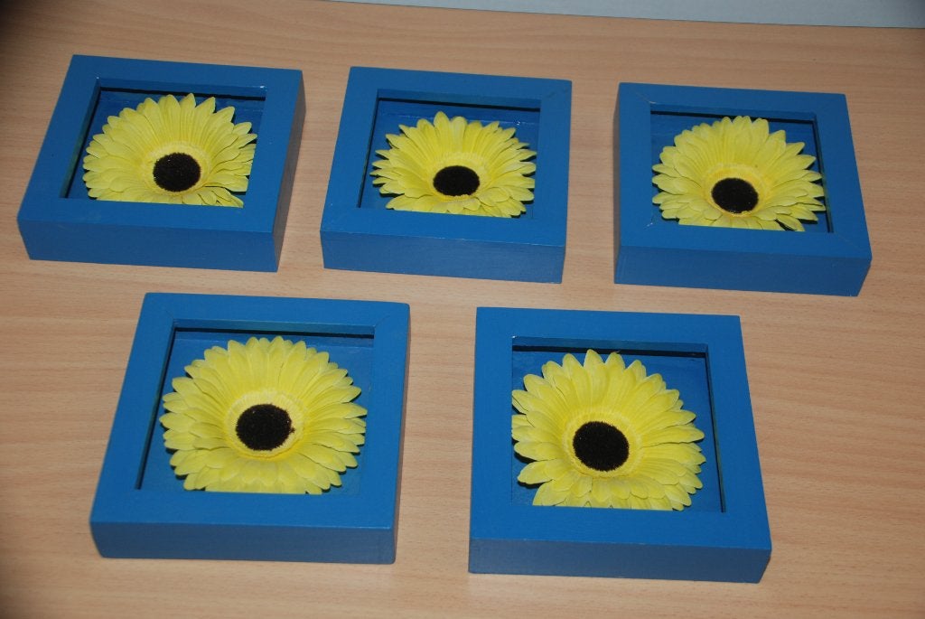 Lijstjes met in elk lijstje een gele gerbera., Ophalen of Verzenden, Gebruikt, Blauw, Hout