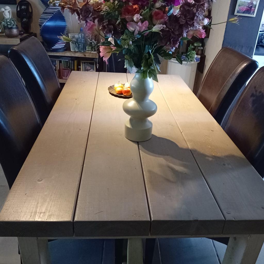 Grote stevige eethoek met 4 lederen bruine stoelen, Ophalen, Gebruikt, 50 tot 100 cm, 150 tot 200 cm