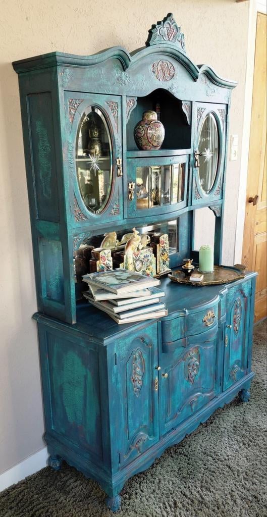 Antieke vintage buffetkast, Ophalen, Gebruikt, 100 tot 150 cm, Glas