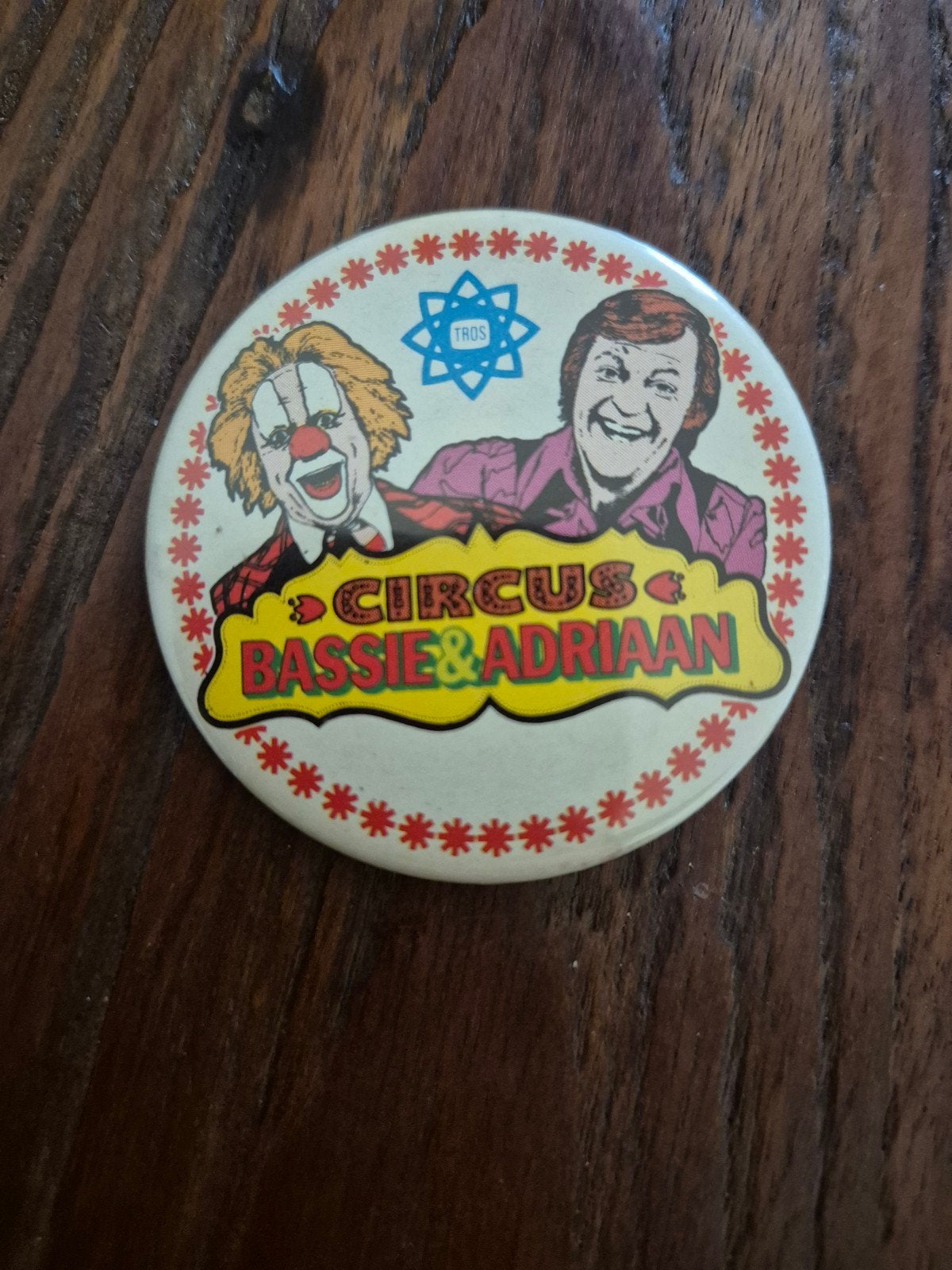 Vintage Circus Bassie & Adriaan button (TROS) – jaren '80, Ophalen of Verzenden, Gebruikt, Overige onderwerpen, Button